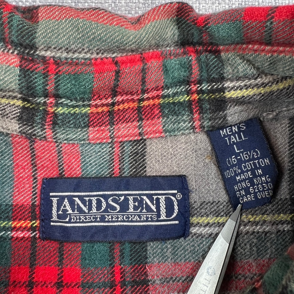 VTG 90s‎ Lands End Plaid Flannel Shirt Men Large Tall Gray Red Cotton Hong Kong - Picture 4 of 9